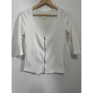 Maeve Anthropologie White Ribbed Zip Front Scoop Neck Elbow Sleeve Top Large